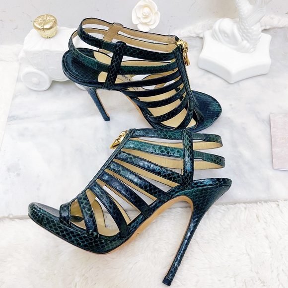 Authentic Jimmy Choo RUNWAY Emerald Elaphe Snakeskin Strappy Zip Sandals / Heels - Picture 3 of 14